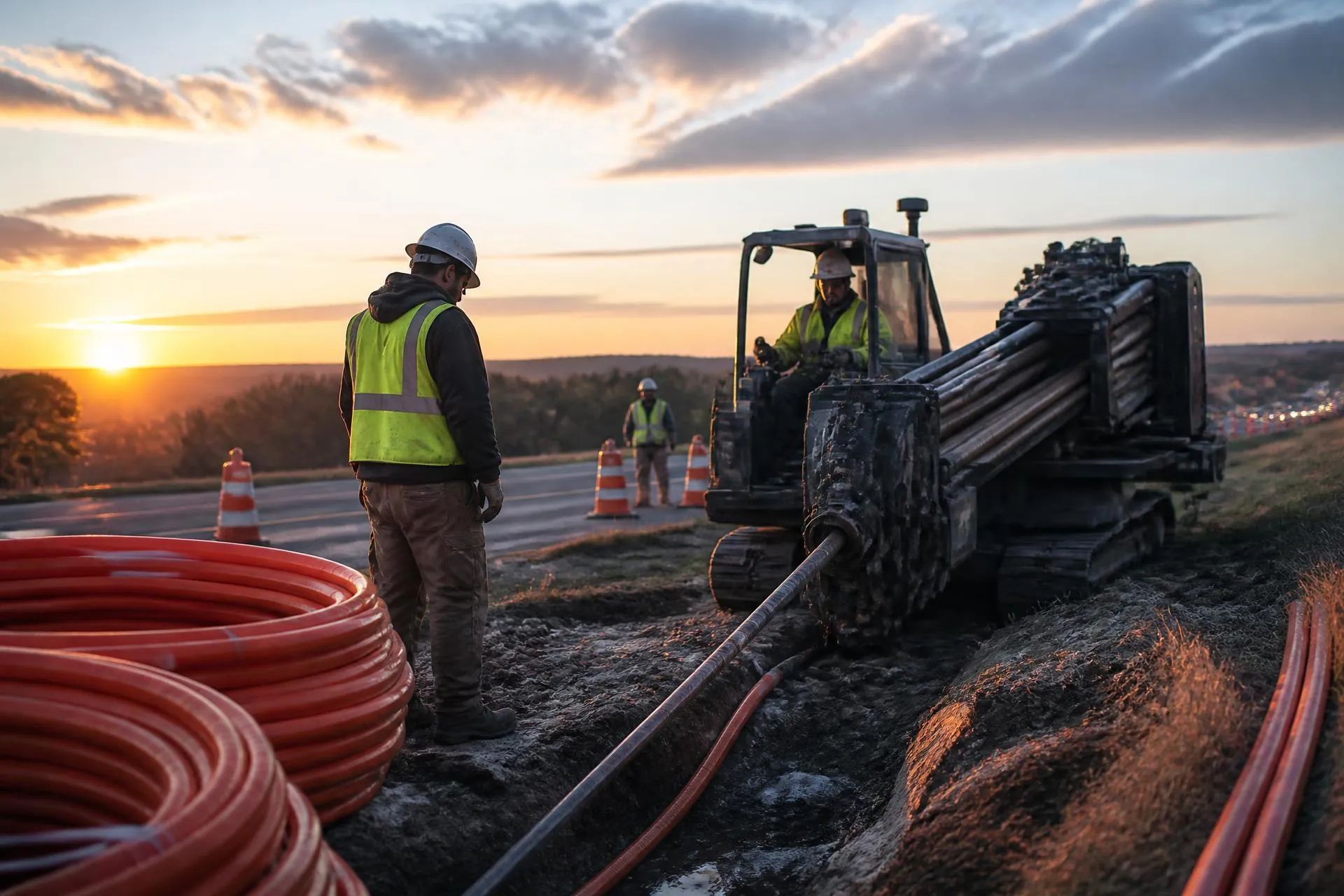 Directional drilling crew installing conduit along a rural highway shoulder at sunset